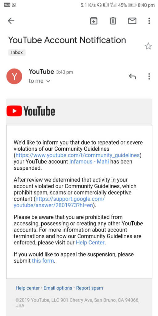 YouTube에서 YouTube에 이의를 제기하는 이메일